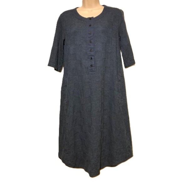 POETRY LINEN Shirt Dress Blue Square Checkered Pattern Womens Size 6 - Picture 1 of 5